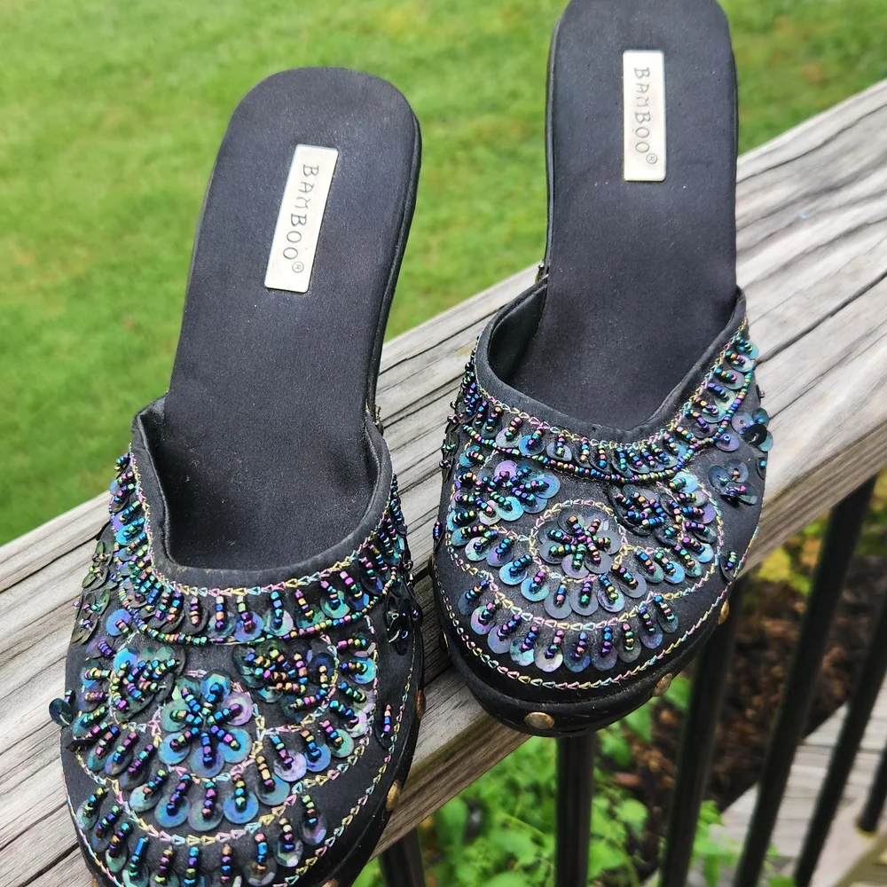 Bamboo Black and Blue Beaded Mules - Picture 1 of 7